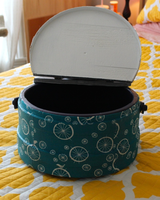 Thrift store wooden circular sewing box after update, modge podged with fabric