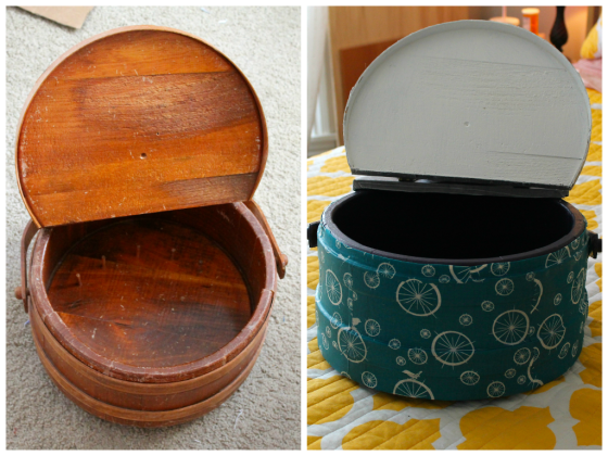 Before and after of thrift store wooden sewing box